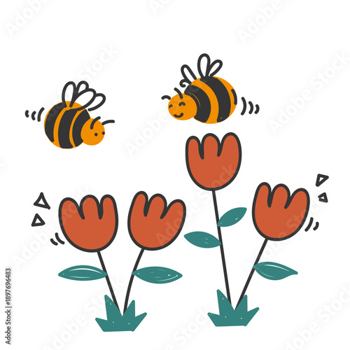 hand drawn doodle flower and bee illustration in cute design style