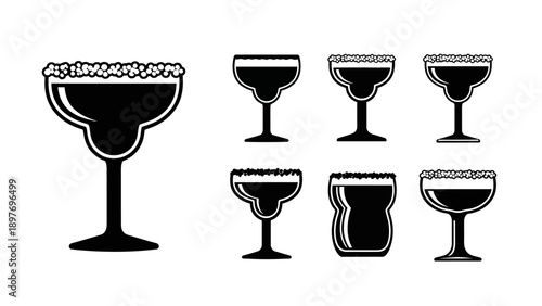 Set of Black and White Cocktail Glasses Silhouette, Margarita, Martini, Beer Glasses