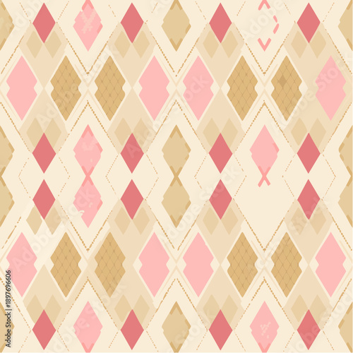 Circus carnival pink and beige vintage seamless pattern. Soft harlequin rhombus background. Wrapping texture backdrop with diamond shape pattern. 