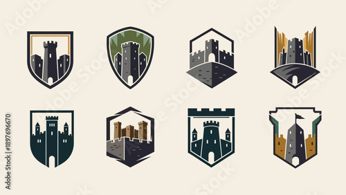 Set of Castle Crests and Shields with Medieval Fortresses, Emblem Icons