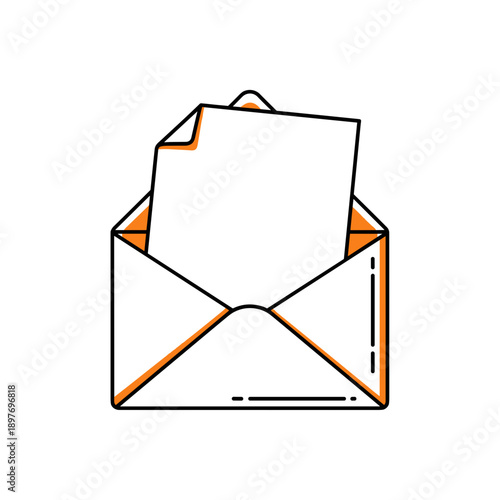A blank sheet of paper with a background for the text is in an open envelope. Vector illustration.