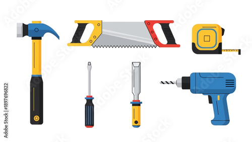 Set of Hand Tools and Power Drill on White Background
