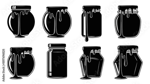 Set of Honey Jars Silhouette Icons with Dripping Honey