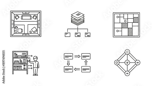 Set of Icons: Business Strategy, Data Management, Project Planning, Organization, Workflow