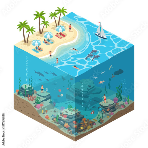 Wallpaper Mural Isometric Illustration of Underwater Ocean Scene with Beach. Torontodigital.ca