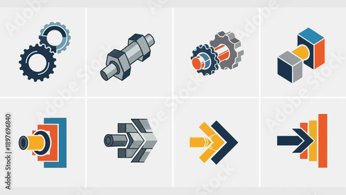 Set of Isometric Icons: Gears, Bolts, Arrows, and Industrial Mechanisms