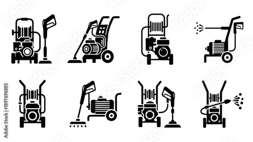 Set of Pressure Washer Icons: Cleaning Equipment Vector Illustrations