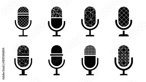 Set of Retro Microphones Icons, Vintage Audio Recording Equipment, Podcast Symbols