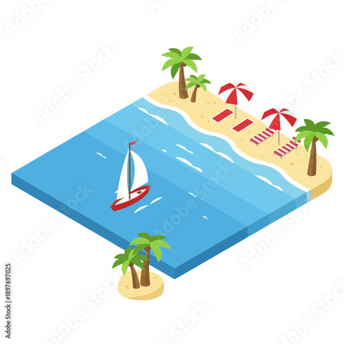Isometric Beach Scene with Sailboat and Palm Trees.