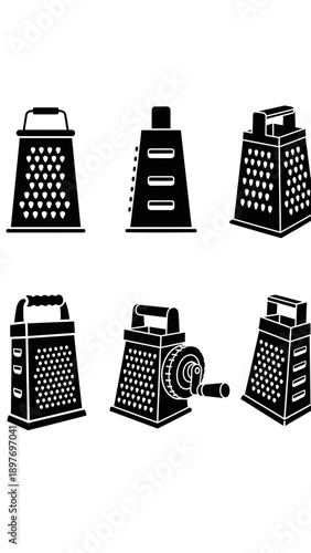 Set of Six Different Kitchen Graters, Black and White Silhouette Icons