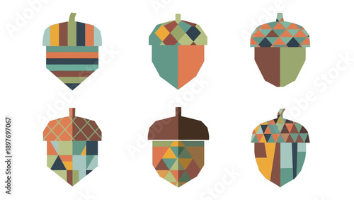 Set of Six Geometric Acorn Icons with Retro Color Palette