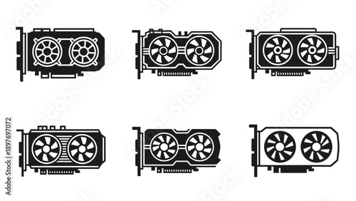 Set of six graphic cards icons, vector illustration, technology concept