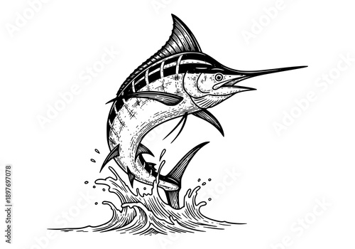 Majestic marlin jumping out of ocean waves in dynamic motion