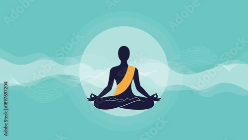 Silhouette of Person Meditating in Lotus Pose with Glowing Aura and Waves