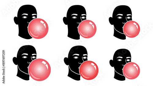 Six Black Silhouettes of Heads Chewing Pink Bubble Gum, Repeating Pattern