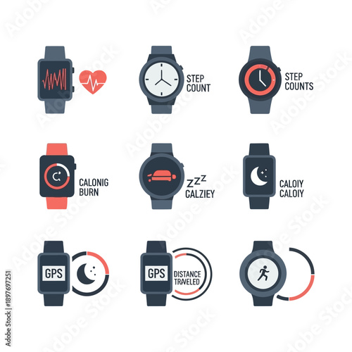 Smartwatch Icons: Health, Fitness, GPS Tracking, Sleep, Steps, Calories