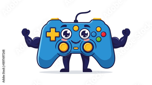 Strong Cartoon Game Controller Flexing Biceps, Funny Gaming Character
