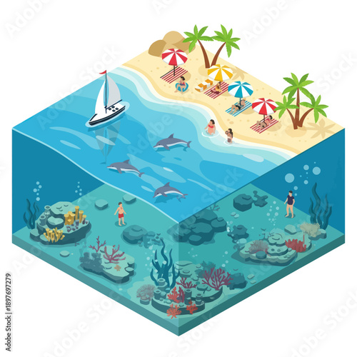 Isometric Illustration of Ocean Scene with Beach.