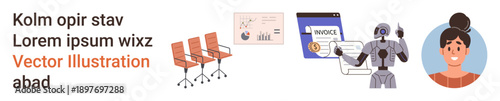 Automation, business processes, invoice management, robotics, communication tools, office arrangement. Robot managing invoice, chairs woman avatar. Automation and business processes concept