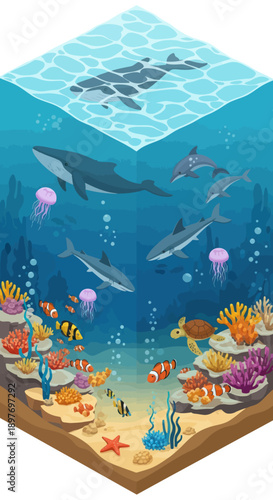 Underwater Scene with Sharks and Fish.