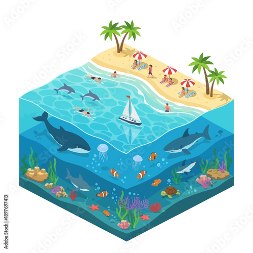 Underwater Scene with Marine Life and Beach.