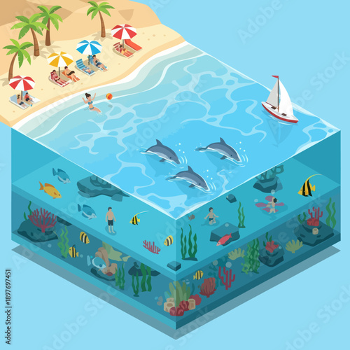 Underwater Scene with Marine Life and Beach.
