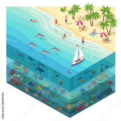 Underwater Scene with Marine Life and Sailboat.