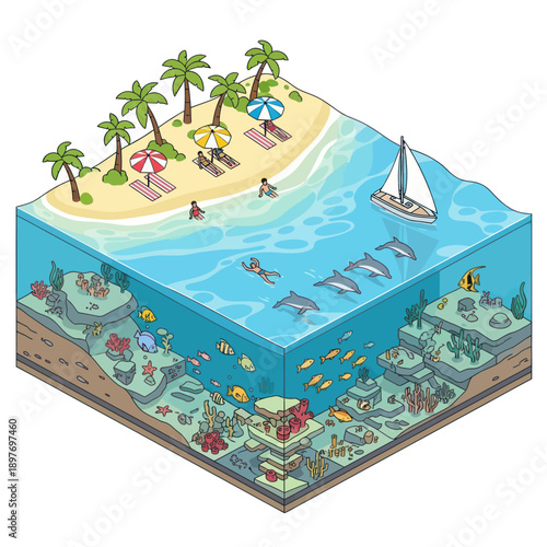 Isometric Illustration of Ocean Ecosystem with Beach.