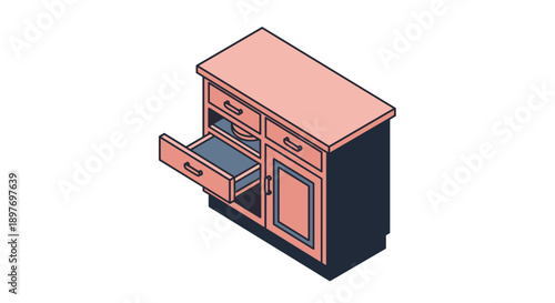 Illustration of a cabinet with open drawer.