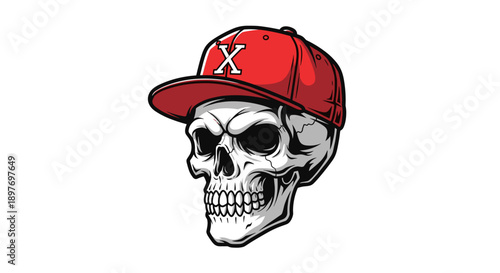 Illustration of Skull Wearing Red Baseball Cap.