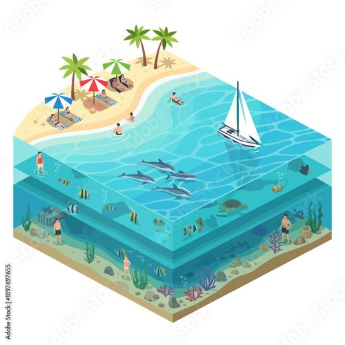 Isometric Illustration of Ocean Layers with Sailboat.