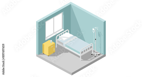 Isometric Hospital Room with Bed and Furniture.