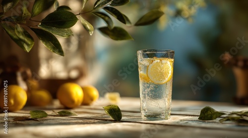 Wallpaper Mural Refreshing lemon water on a weathered wooden surface under leafy branches Torontodigital.ca