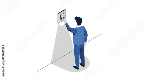 Man in blue suit adjusting picture frame.