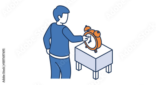 Man Interacting with Alarm Clock on Table.