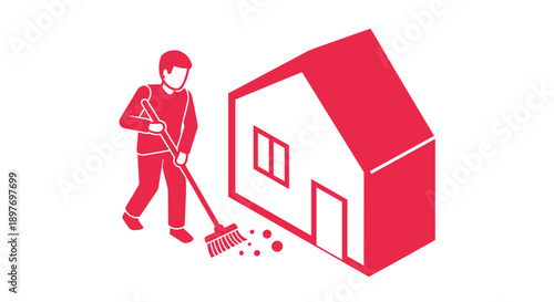 Man Sweeping Near House with Broom.