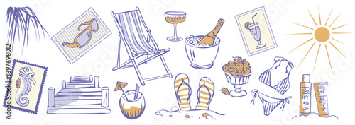 Hand drawn doodle set for summer vacations and relaxation on sunny beach. Attributes and signs of a wonderful vacation sunscreen, bikini, sandals, sunglasses, cocktail, champagne. Vector illustration.