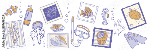 Underwater themed postage stamp collection for diving and marine life concept. Vector set in vintage hand drawn style. Scuba accessory icon set design for adventure poster.
