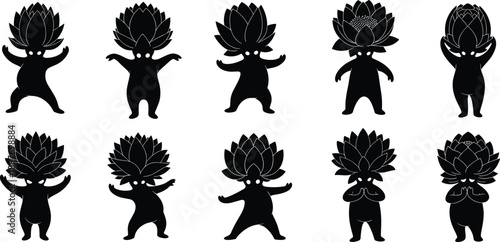 Vector, black, silhouettes, of, various, small, whimsical, forest, spirits, and, magical, creatures, with, flower, heads, for, fantasy, storytelling, gaming, and, enchanting, nature, graphics