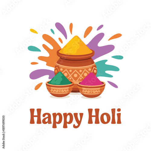 Happy Holi Vector Illustration Colorful Gulal and Festive Clay Pot