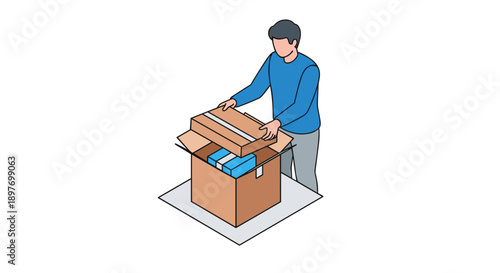 Man Unpacking Box with Blue Items Inside.