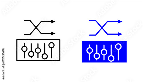 Minimalist line icon combining shuffle arrows and audio mixer sliders. Represents music control, sound settings, audio editing, and media management. Suitable for apps, interfaces, and digital product