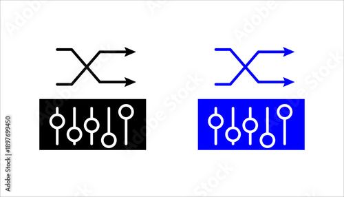Minimalist line icon combining shuffle arrows and audio mixer sliders. Represents music control, sound settings, audio editing, and media management. Suitable for apps, interfaces, and digital product