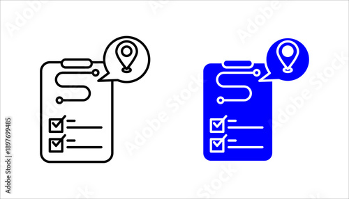 Line icon set. illustrating a checklist combined with location pin, symbolizing task planning, field work management, and location-based assignments.