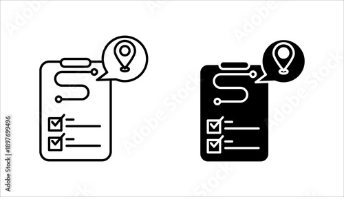 Line icon set. illustrating a checklist combined with location pin, symbolizing task planning, field work management, and location-based assignments.