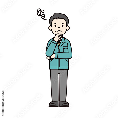 困った表情で腕を組む、作業着を着た中小企業の社長・経営者・工場長の全身ベクターイラスト素材