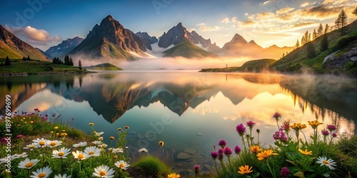 Serene mountain lake reflecting sunrise, misty peaks, and vibrant wildflowers blooming along the shore