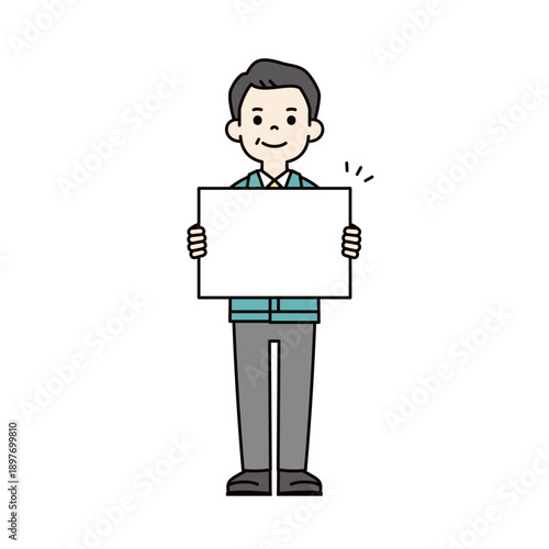 白いメッセージボードを持つ、作業服を着たシニア世代のビジネスマンの全身ベクターイラスト素材