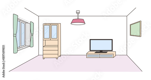 １点透視図法、窓、カーテン、絵画、テレビ、棚のある部屋のベクターイラスト