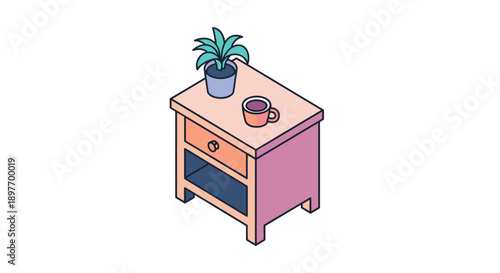 Illustration of a bedside table with potted plant.